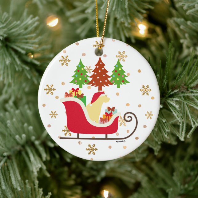 Yellow Labrador Silhouette Christmas Sleigh Ceramic Ornament (Tree)