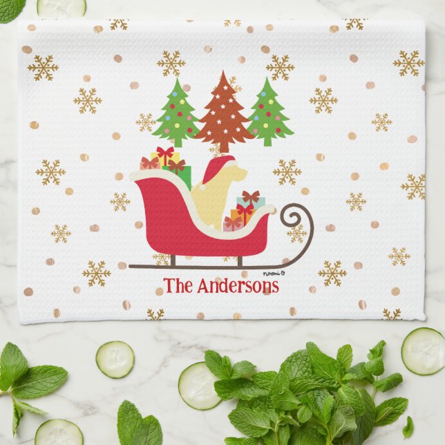 Yellow Labrador Silhouette Christmas Sleigh Kitchen Towel (Folded)