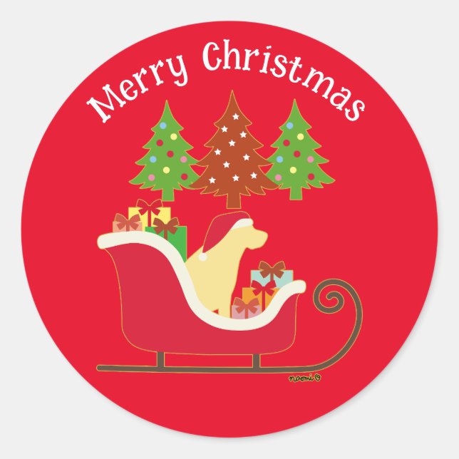 Yellow Labrador Silhouette Christmas Sleigh Red Classic Round Sticker (Front)