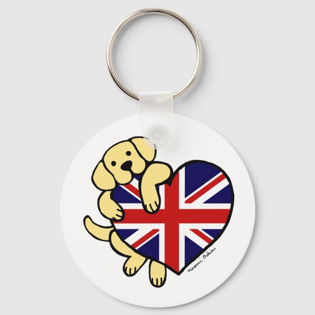 Yellow Labrador & UK Flag Heart 2 Cartoon Keychain (Front)