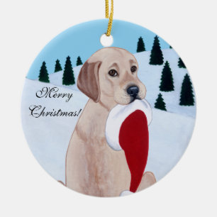Yellow Labrador with Santa Hat Snowflake Ceramic Ornament