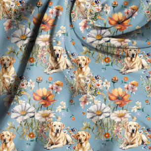 Yellow Labs and Wildflowers on Blue Fabric
