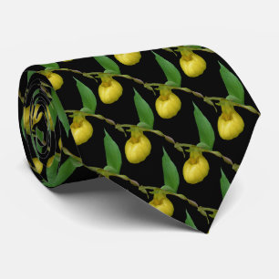 Yellow Lady Slipper Orchid Flower Nature Pattern Tie
