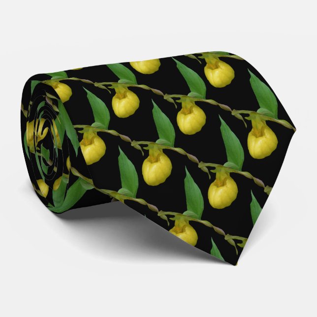 Yellow Lady Slipper Orchid Flower Nature Pattern Tie (Rolled)