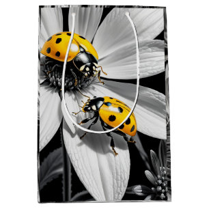 Yellow Ladybugs Beetle On Black White Flower Medium Gift Bag