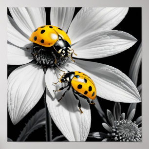 Yellow Ladybugs Beetle On Black White Flower Poster