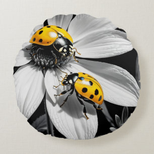 Yellow Ladybugs Beetle On Black White Flower Round Pillow