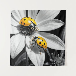Yellow Ladybugs Beetle On Black White Flower Tapestry