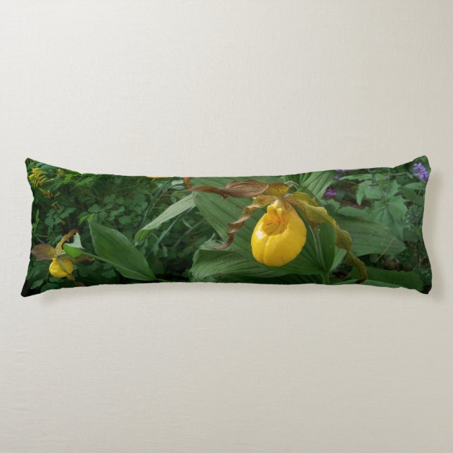 Yellow Lady's Slipper Orchid Flowers In Bloom Body Pillow (Front)