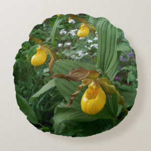 Yellow Lady's Slipper Orchid Flowers In Bloom Round Pillow