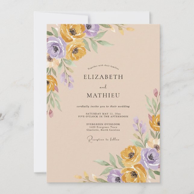 Yellow Lavender Artistic Bloom Wedding Invitation (Front)
