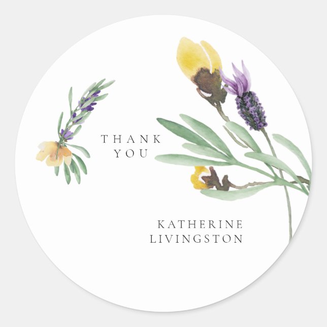 Yellow & Lavender Floral Bridal Shower Thank You Classic Round Sticker (Front)