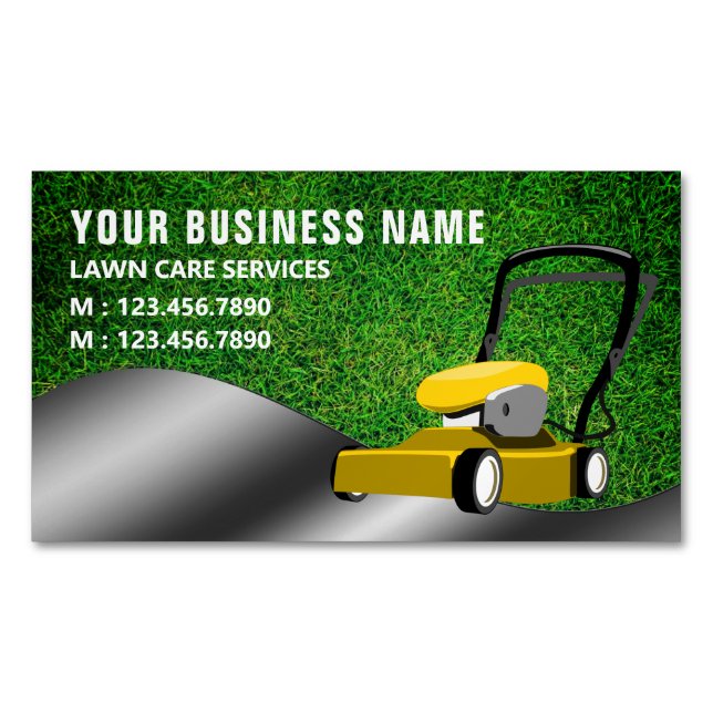 Yellow Lawn Mower Gardening Service Grass Cutting Magnetic Business Card (Front)