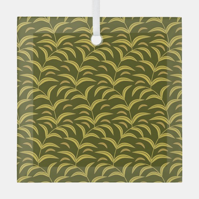 Yellow Leaf Motif Pattern on Dark Green Background Glass Ornament (Front)