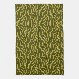 Yellow Leaf Motif Pattern on Dark Green Background Kitchen Towel
