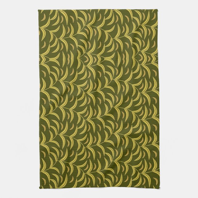 Yellow Leaf Motif Pattern on Dark Green Background Kitchen Towel (Vertical)