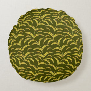 Yellow Leaf Motif Pattern on Dark Green Background Round Pillow