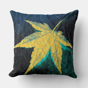 Yellow Leaf on Blue Leather Throw Pillow
