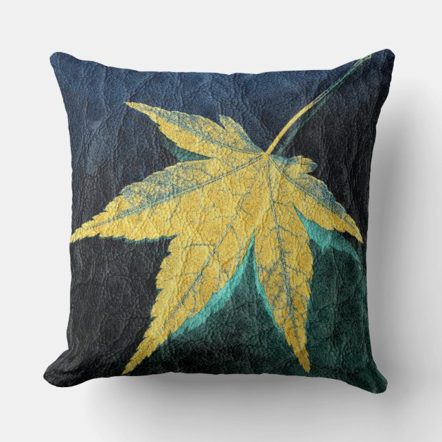 Yellow Leaf on Blue Leather Throw Pillow (Front)