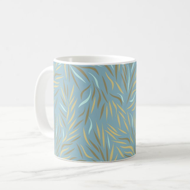 Yellow Leaves Blue Modern Pattern Coffee Mug (Front Left)