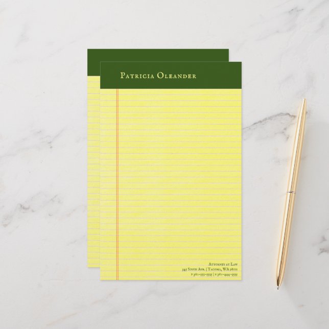 Yellow Legal Pad Style Green Top Stationery (Front/Back In Situ)