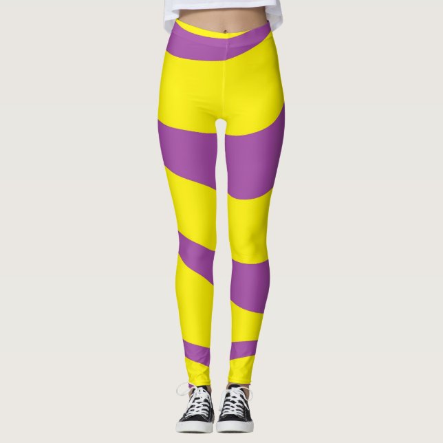Yellow Leggings Stretch Pants With Purple Stripes  (Front)