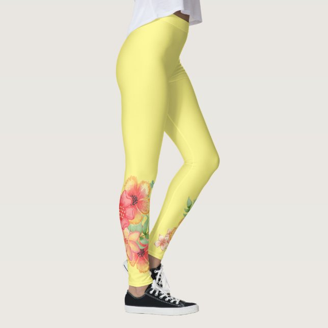 Yellow Leggings with Pink Peach Tropical Flowers (Right)