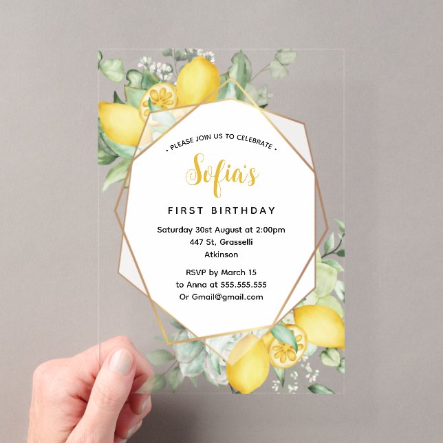 Yellow Lemon 1st Birthday Summer Party  Acrylic Invitations (Insitu (Handheld))