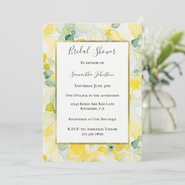 Yellow Lemon Abstract Bridal Shower Invitation (Standing Front)