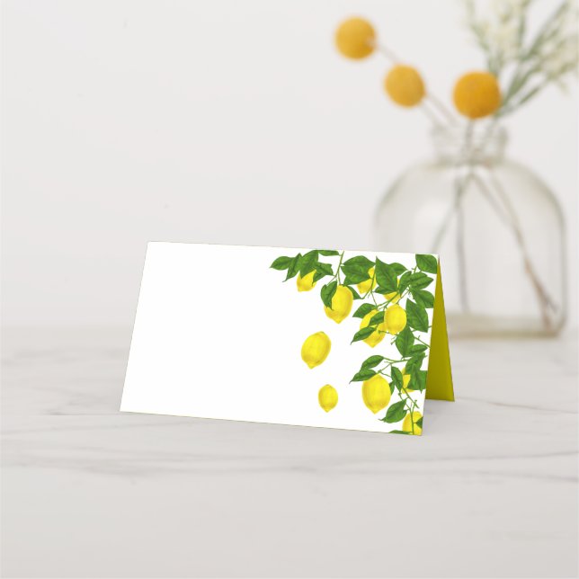 Yellow Lemon And Green Leaves Citrus Wedding Party Place Card (Front)