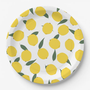 Yellow Lemon and Green Leaves Paper Plate