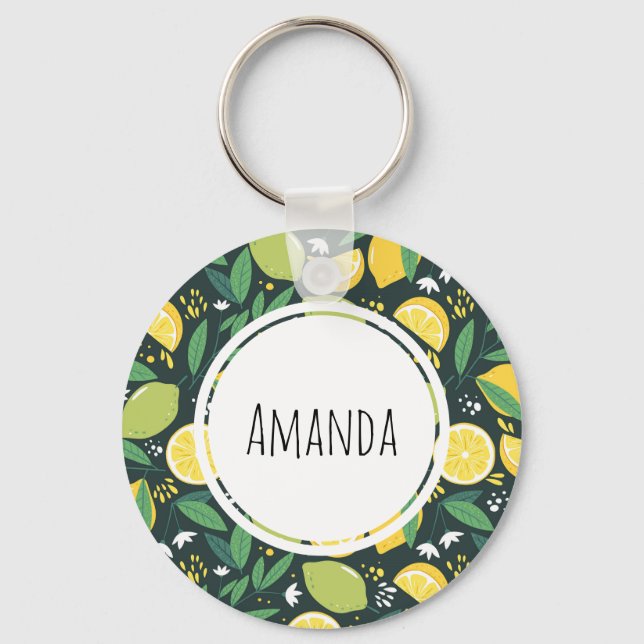 Yellow Lemon and Green Lime Fruit Food Pattern Keychain (Front)