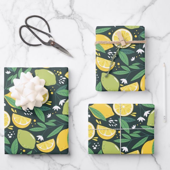 Yellow Lemon and Green Lime Fruit Food Pattern Wrapping Paper Sheet (Front)