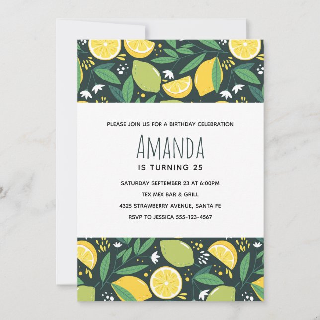 Yellow Lemon and Green Lime Fruit Pattern Birthday Invitation (Front)