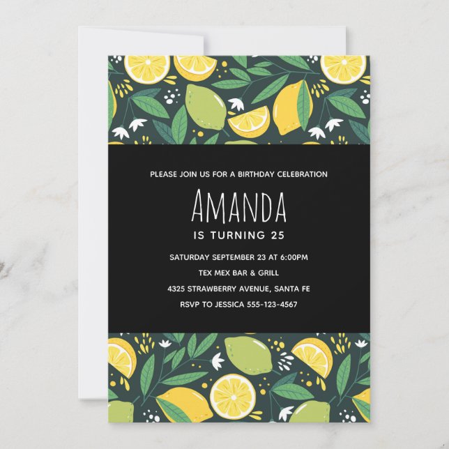 Yellow Lemon and Green Lime Fruit Pattern Birthday Invitation (Front)