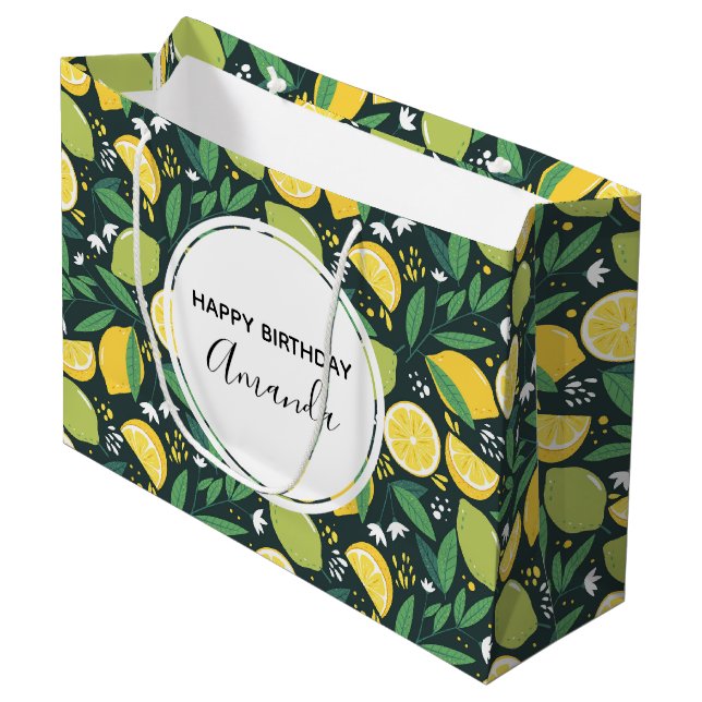 Yellow Lemon and Green Lime Fruit Pattern Birthday Large Gift Bag (Front Angled)