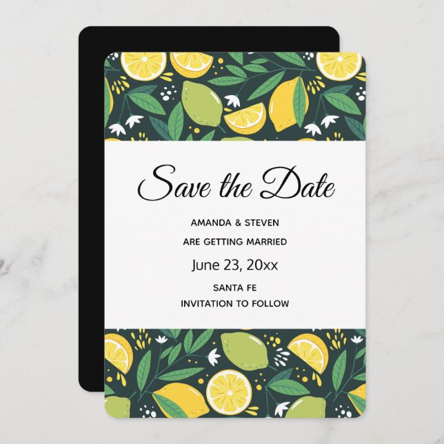 Yellow Lemon and Green Lime Fruit Pattern Save The Date (Front/Back)