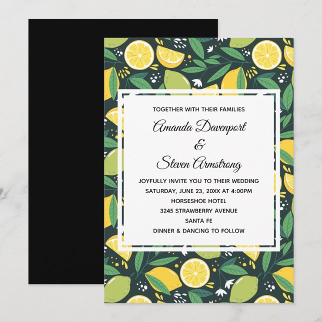 Yellow Lemon and Green Lime Fruit Pattern Wedding Invitation (Front/Back)