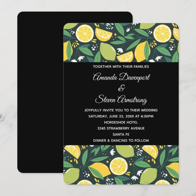 Yellow Lemon and Green Lime Fruit Pattern Wedding Invitation (Front/Back)