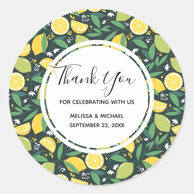 Yellow Lemon and Lime Fruit Pattern Wedding Classic Round Sticker (Front)