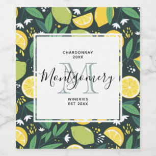Yellow Lemon and Lime Fruit Pattern Wine Making Wine Label
