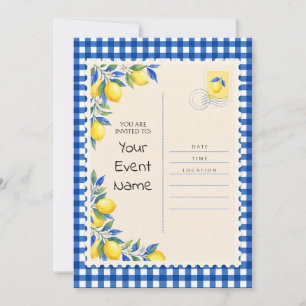 Yellow Lemon Blue Gingham Postcard Invitation