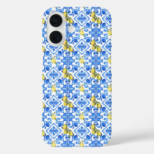 Yellow Lemon Blue Tile iPhone 16 Case