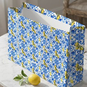 Yellow Lemon Blue Tile  Large Gift Bag