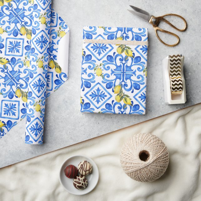 Yellow Lemon Blue Tile  Wrapping Paper (Crafts)