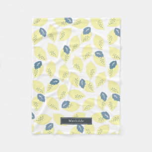 Yellow Lemon Citrus & Blue Grey Leaf Pattern Fleece Blanket