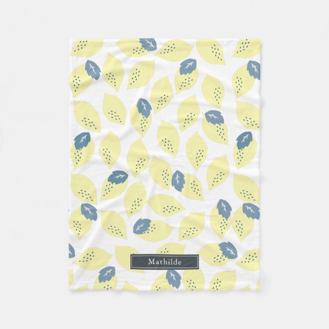 Yellow Lemon Citrus & Blue Grey Leaf Pattern Fleece Blanket (Front)