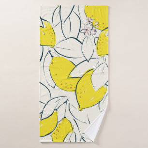 Yellow lemon citrus fruit hand drawn illustration  bath towel
