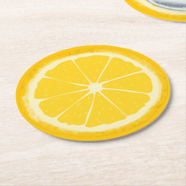 Yellow lemon citrus fruit slice  round paper coaster (Angled)