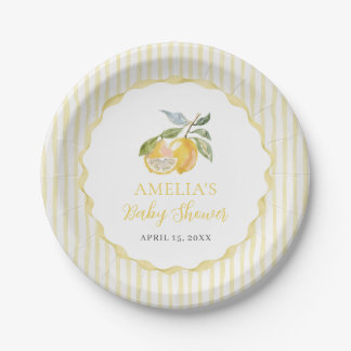 Yellow Lemon Citrus Stripes Baby Shower Paper Plate